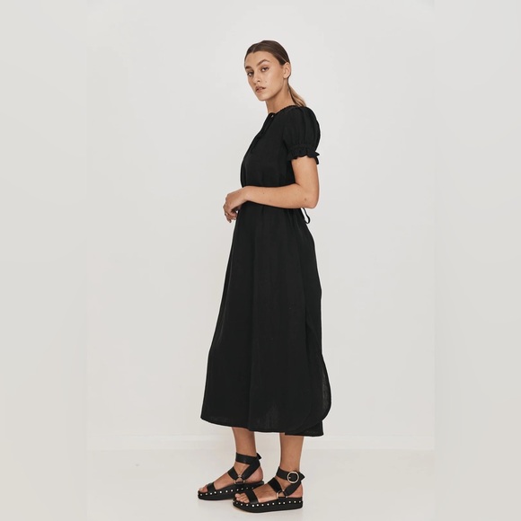 Saint Helena | Black Mara Gown Linen Cotton Midi One Off Shoulder Dress - Picture 2 of 12
